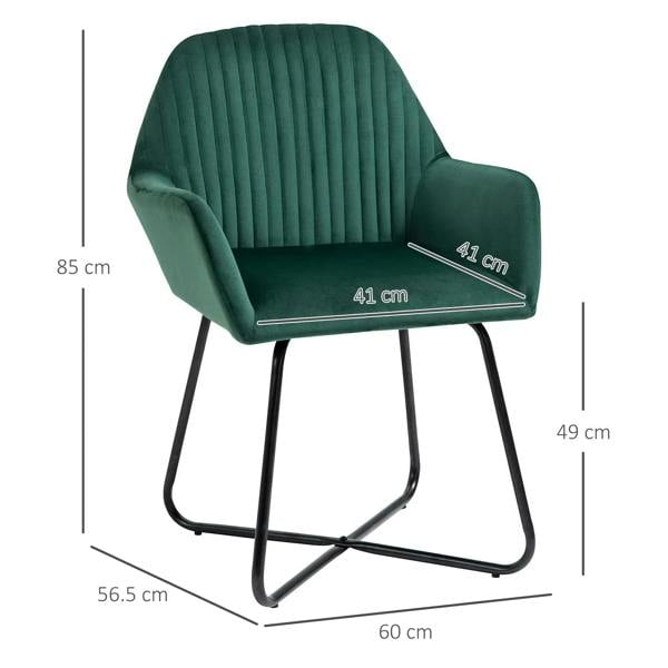 Green upholstered accent chair with tufted back, armrests, and size diagram; black sled legs