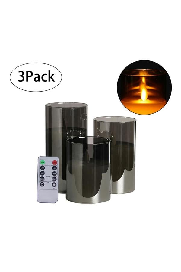Living and Home 3Pcs Smoke Grey Glass Flameless LED Candles Realistic Swaying Flame with Remote Control & Timer for Wedding Christmas Home Decor