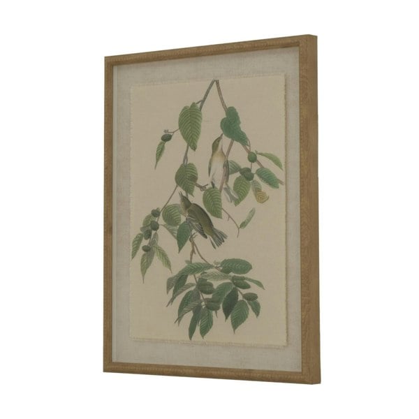 Hill Interiors Flora & Fauna Collection Warblers Beaded Linen Framed Wall Art - Brown/White/Green