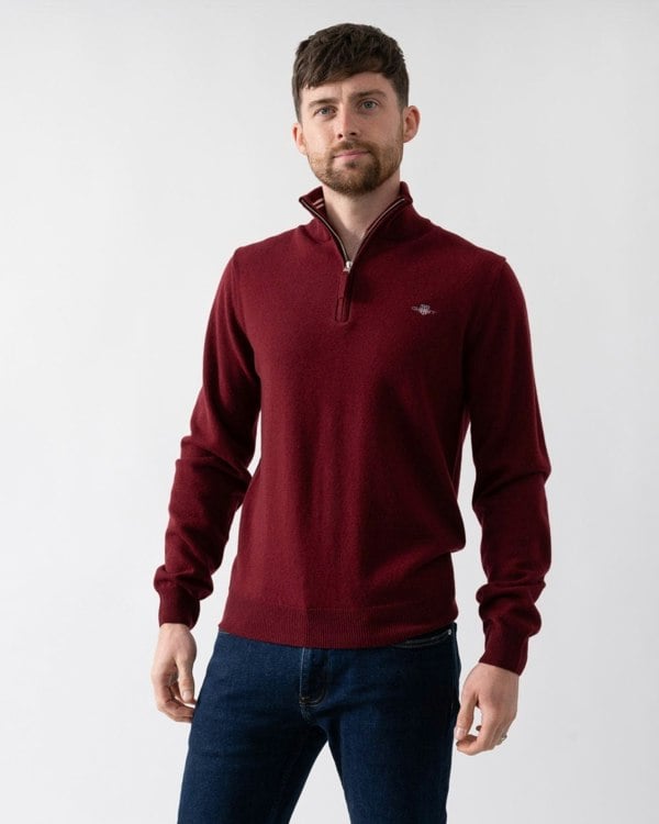 GANT Mens Superfine Lambswool Half Zip Cardigan - 604 Plumped Red