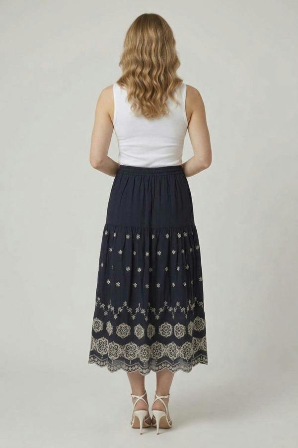 Navy | Embroidered High Waist Midi Skirt