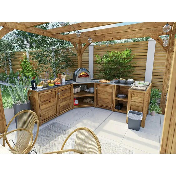 Dunster House Wooden Garden Kitchen Unit C-Configuration With Stainless Steel Countertop, W2.5m x D2m / W7'9" x D6'9"