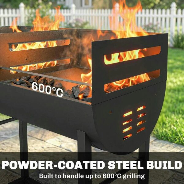 Bobobiy Charcoal Barbecue Grill with 2 Cooking Areas, Portable BBQ Trolley with Wheels, Height Adjustable Grates, Bottom Shelf