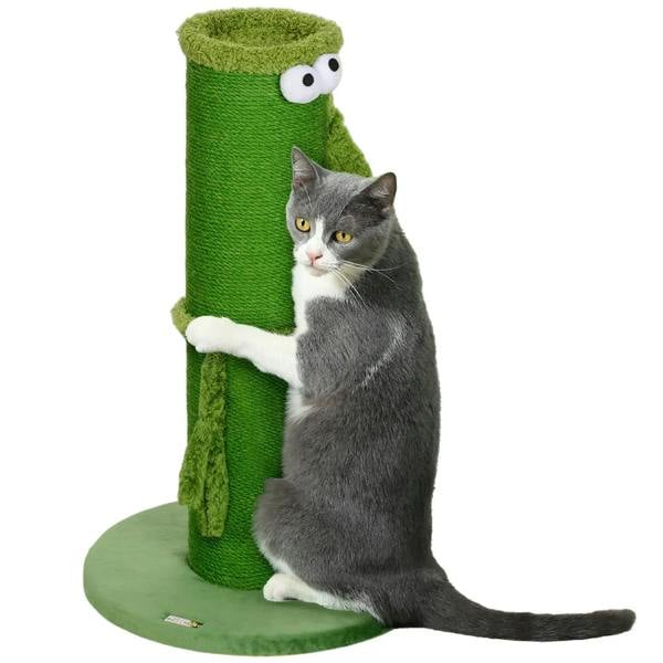 Green sisal cat scratching post with round base; gray cat perched on it