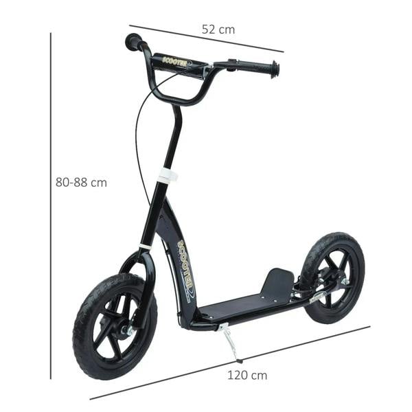 Black kids kick scooter with wide foot deck, large wheels, and adjustable handlebar