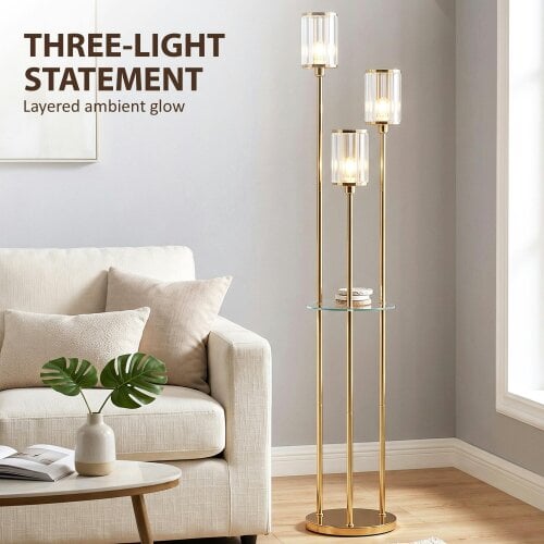 HOMCOM Floor Lamp with Shelves and Foot Switch, Bulbs Not Included, Gold