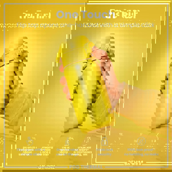 A yellow water bottle is held; its flip top opens one-handed. The background is yellow; text highlights ease of use, security, and leak-proof design. "One Touch," "Flips open with a simple click," "One-handed use on the go," "Triple lock security," "100% leak proof - no twisting, no leaks," and "POD THERMAL" are present.