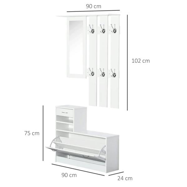 White shoe storage cabinet with mirrored door, hooks, and hinged shoe shelf