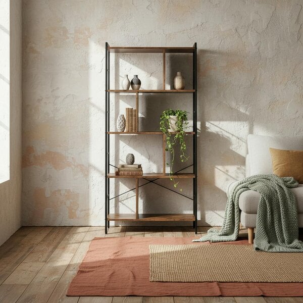 Wyld Haus Nofaluno Metal And Wood Rustic Brown And Black 5 Tier Industrial OFauxn Shelf Bookcase