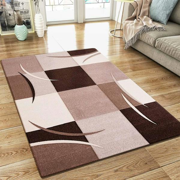 Modern Rug Brown Beige Cream Checkered Design Contour Cut Woven Low Pile Carpet Mat for Living Room & Bedroom