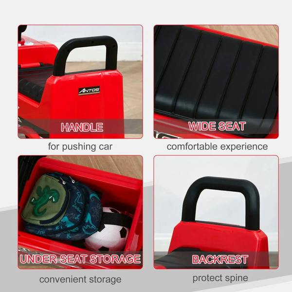 Red ride-on truck with handle, wide seat, under-seat storage, and backrest
