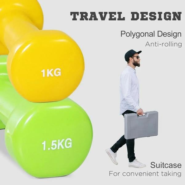 Travel-size yellow and green dumbbells with gray suitcase-style carry case