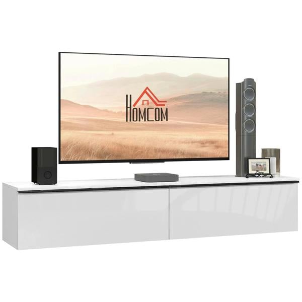 High-gloss floating TV cabinet in white with two storage doors and top shelf