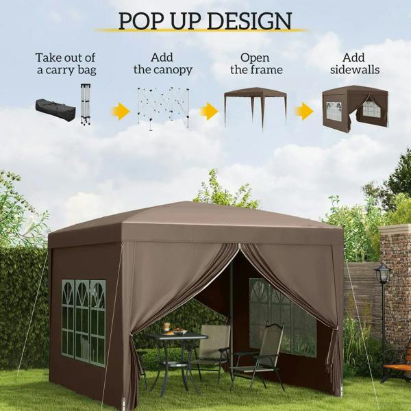 Coffee pop up gazebo canopy with draped center curtains and window-side panels