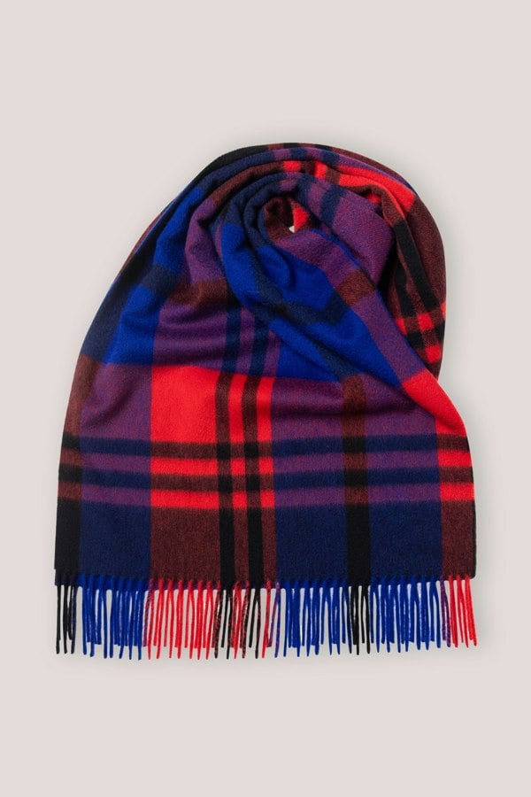 Joshua Ellis Black Watch Classic Check Wide Cashmere Scarf Red x Blue