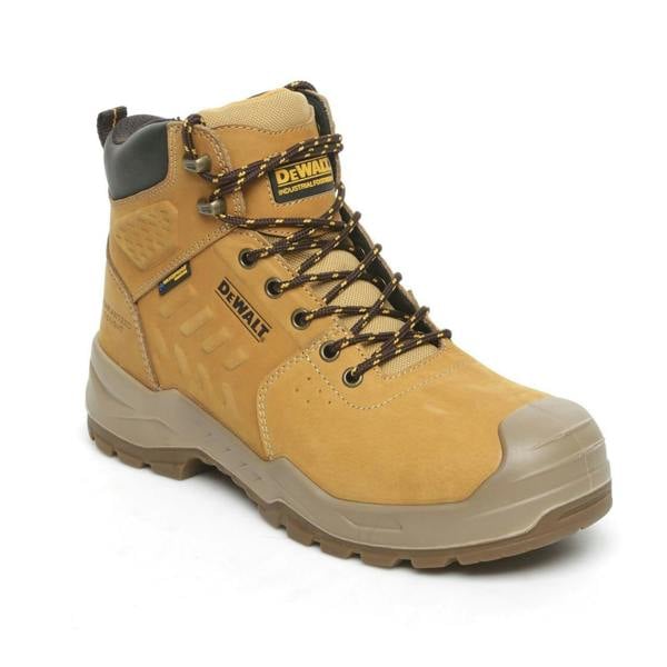 DeWalt Mentor Mens Lace Up Safety Work Steel Toe S7 Ankle Boots, sturdy tan work boots with black padded ankle collar, durable lace-up design, steel toe protection, and rugged sole for safety and support.
