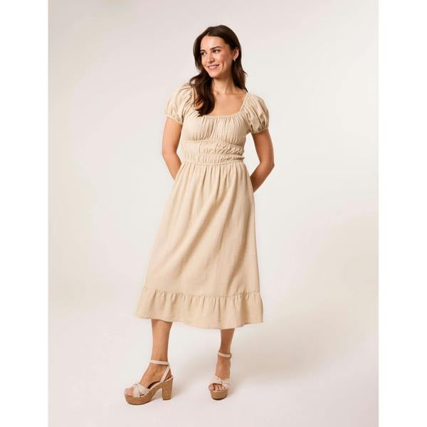 Blue Vanilla Puff Sleeve Shirred Panel Dress