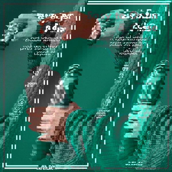 Hands hold a green travel flask with a stainless steel lid being removed against a green background Text reads Easy to Open & Close A shaped and machined lid provides a secure grip for a leakproof seal Food safe BPA free 100% carbon neutral Travel Flask