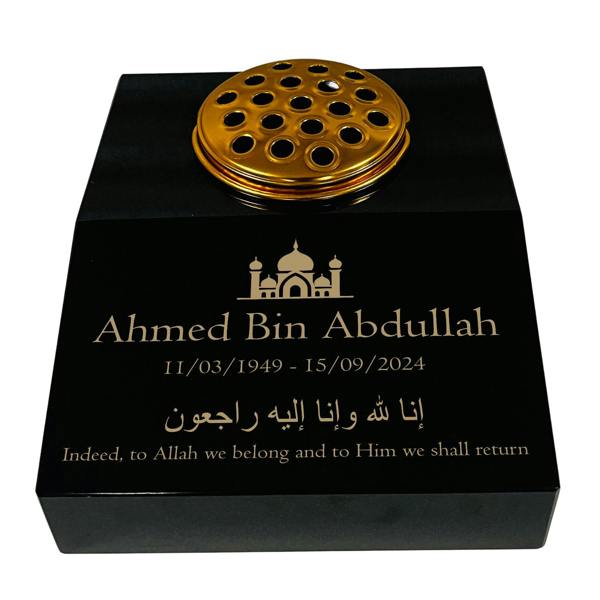 Memorials Direct Black Granite Sloping Memorial Desk with Vase – Islamic Design 2, Free Gold Engraving