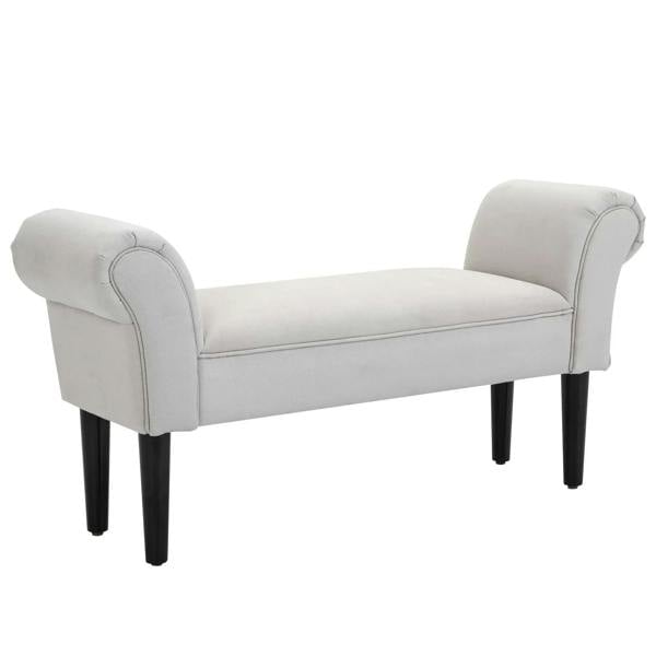 Upholstered window seat bench with rounded arms and dark wooden legs, greyish white