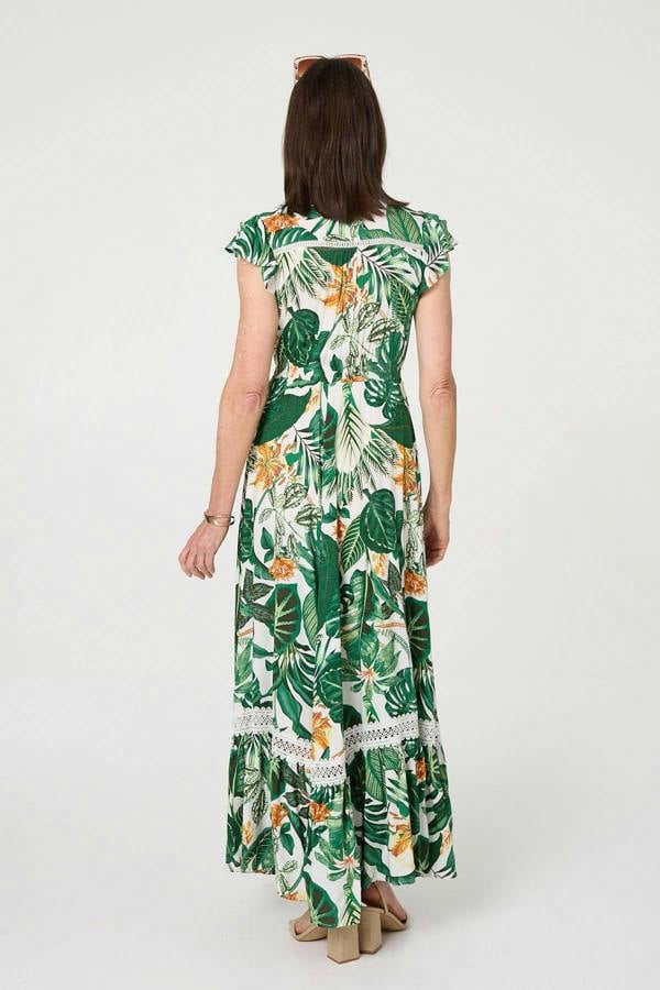Green | Leaf Print Cap Sleeve Lace Maxi Dress