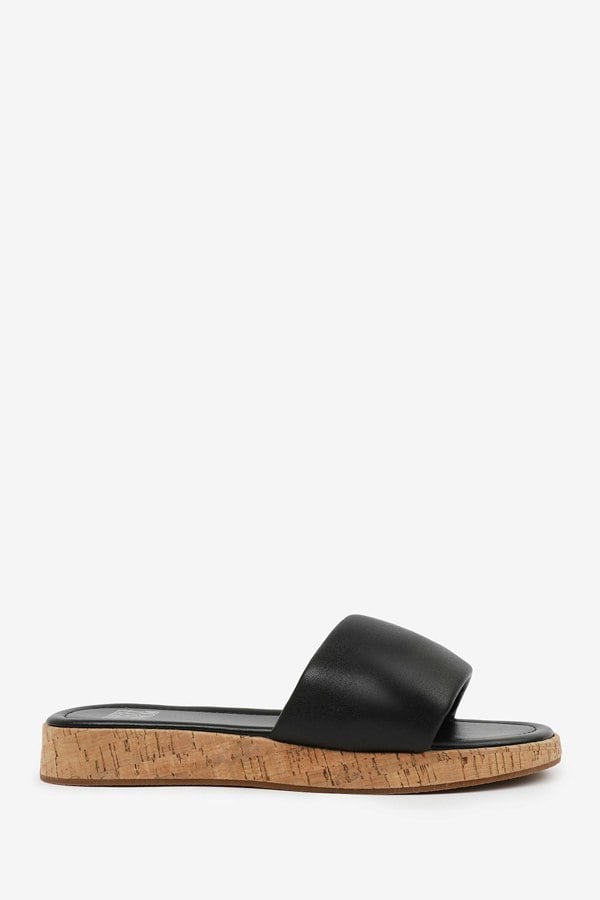 Where's That From Julia  Flatform Sliders Sandal in Black Faux Leather