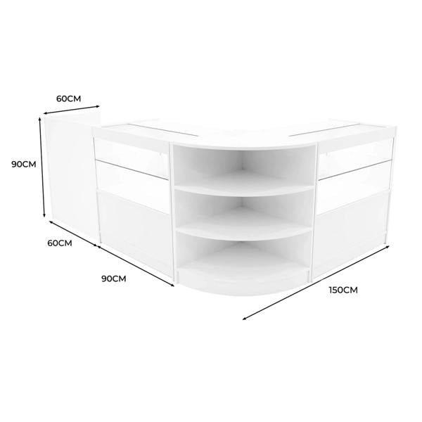 Curved white LED shop counter set with transparent display sections, featuring two shelves and dimensions of 150cm x 90cm x 60cm
