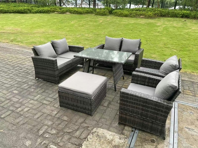 Fimous 7 Seater Outdoor Dark Grey Mixed High Back Rattan Sofa Dining Table Set Garden Furniture Love Sofa Arm Chair