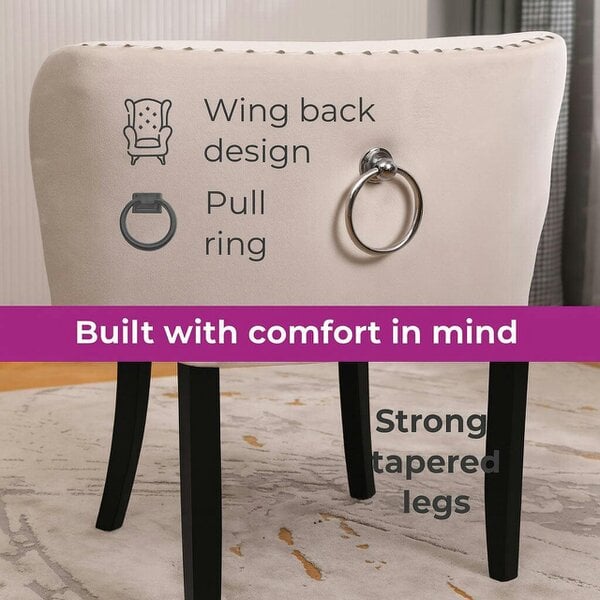 Neo Set of Four Studded Natural Velvet Dining Chairs with Ring Knocker Detail