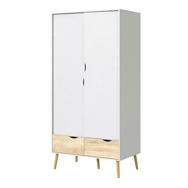 Wyld Haus Sapporo White and Natural Oak Wardrobe 2 Doors 2 Drawers