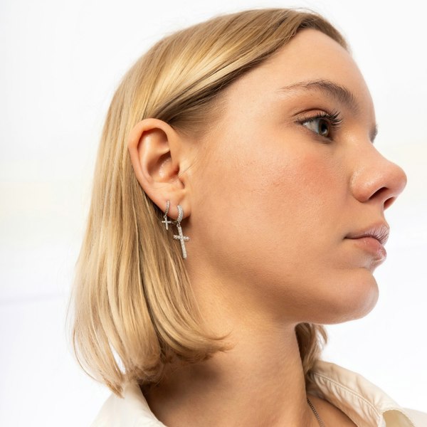 Spero London Sterling Silver Huggie Pave Cross Drop Earring