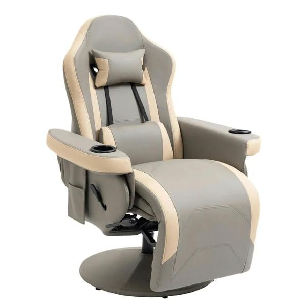 Grey PU leather manual recliner armchair with adjustable leg rest and swivel base
