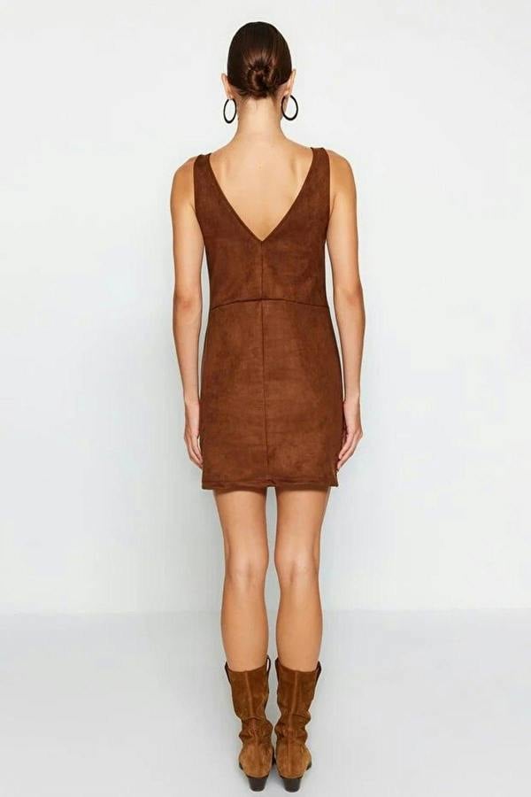 WOVCOR V-Neck Vest Suede Mini Knit Dress