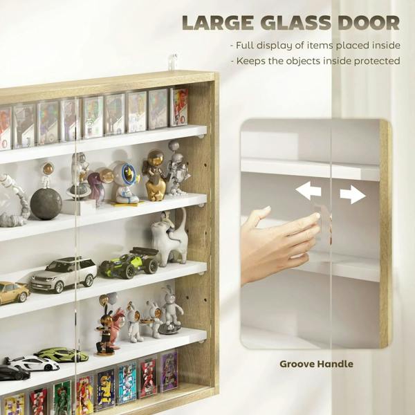 Wall display cabinet with large glass door and groove handle, showing adjustable interior shelves