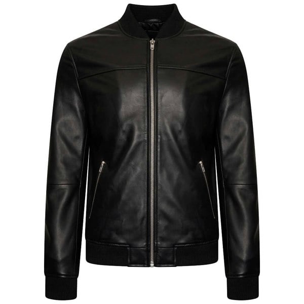 Image displays a black jacket from the front. It is made from real leather and has a central silver coloured zip.