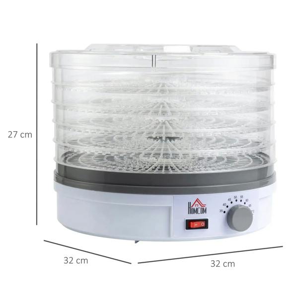 5-tray food dehydrator with clear trays and white base, includes size diagram