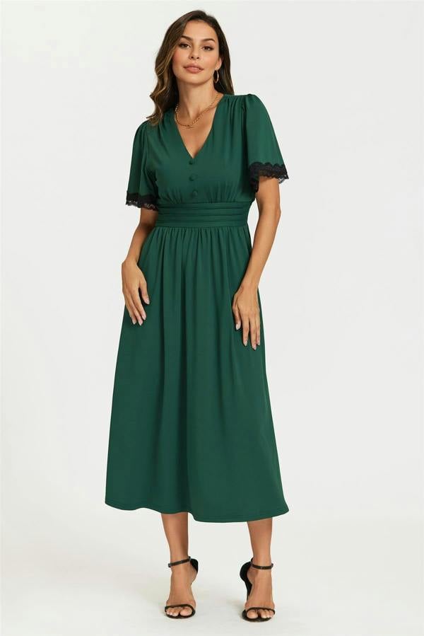 FS Collection Lace Trim Jersey Midi Dress In Green