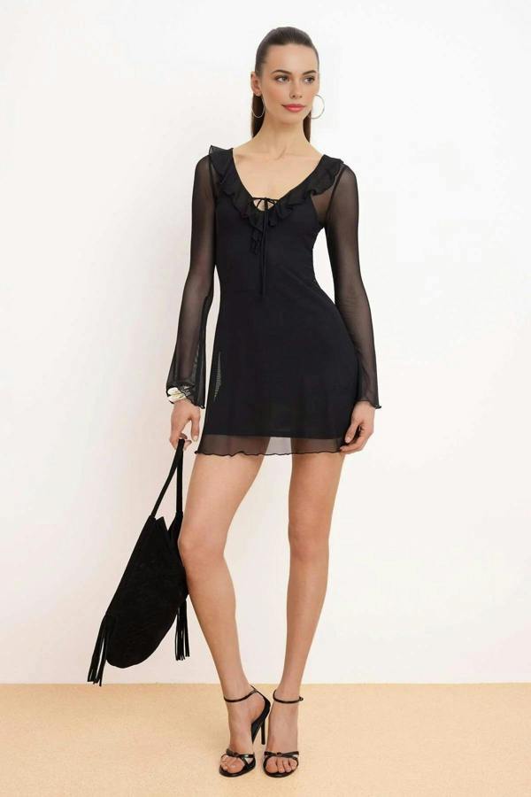 WOVCOR Skater V-Neck Long Sleeved Mini Tulle Knit Dress