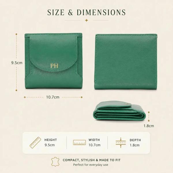 Green wallet with measurements on a beige background