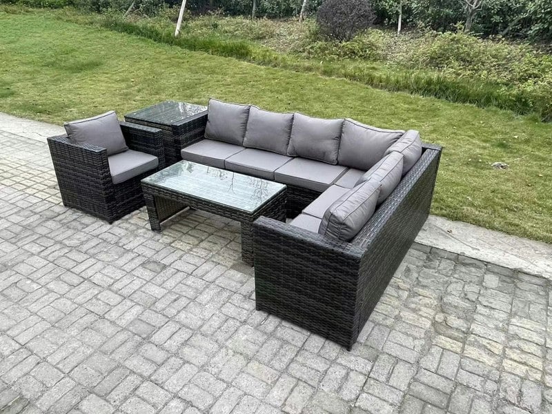 Fimous 7 Seater Rattan Corner Sofa Lounge Sofa Set With Rectangular Coffee Table With Arm Chair And Side Table Dark Grey Mixed Right Hand