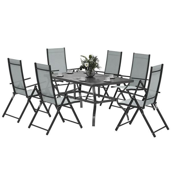 Grey steel outdoor dining set with umbrella hole: rectangular table and 6 folding chairs
