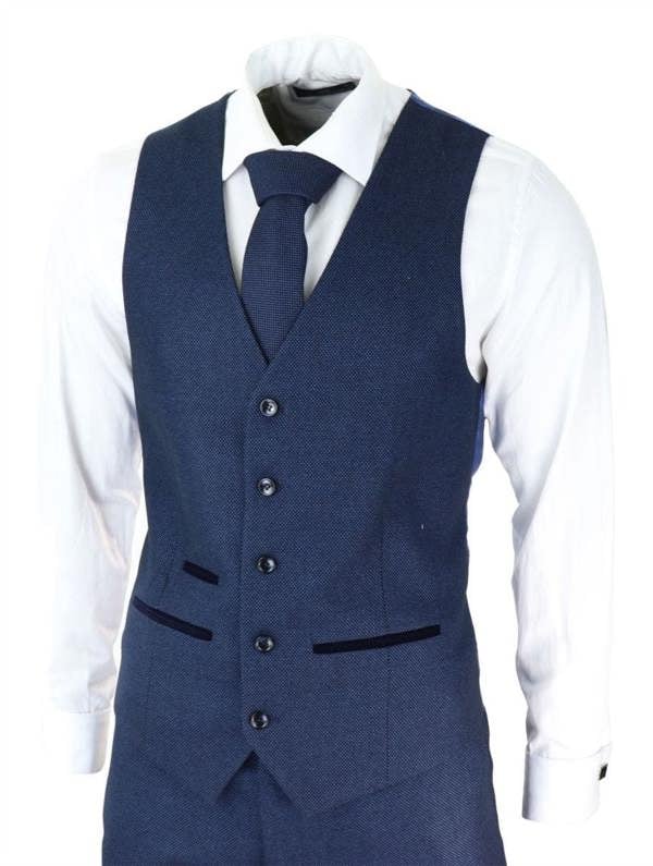 Paul Andrew Mens 3 Piece Navy Blue Birdseye Tweed Classic Suit