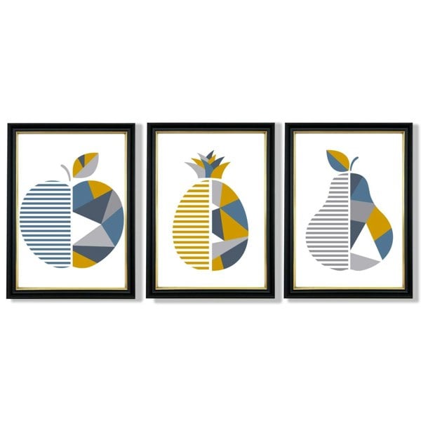 Artze Wall Art Set of 3 Blue & Yellow Geometric Fruit Framed Prints