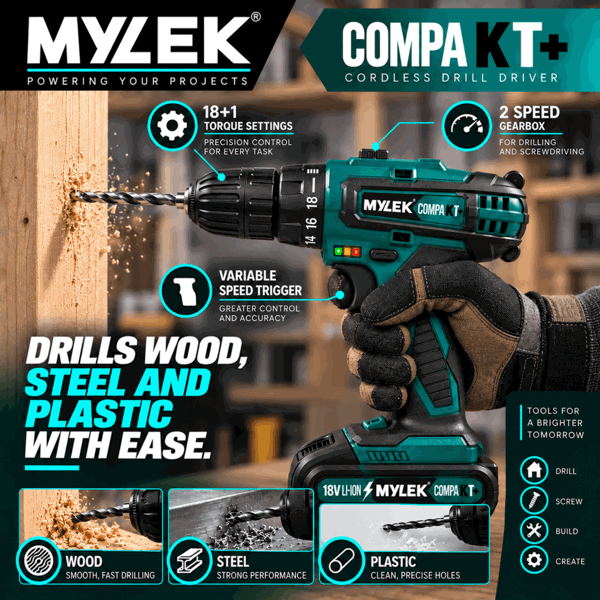 Mylek 18V Cordless Li-Ion Drill With Accessory Kit and Carry Case