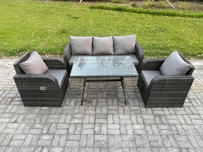 Fimous Rattan Wicker Garden Furniture Patio Conservatory Sofa Set with Rectangular Dining Table Reclining Chair 3 Seater Sofa