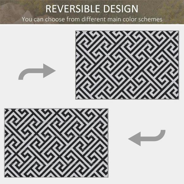 Reversible outdoor rug mat with bold black-and-white geometric Greek key pattern