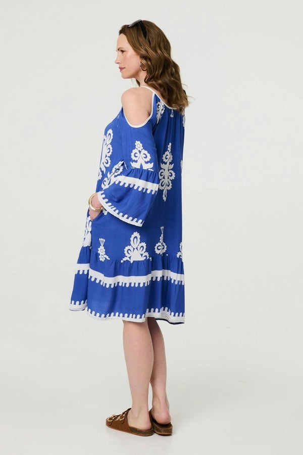 Blue | Ikat Print Cut Out Knee Length Sun Dress
