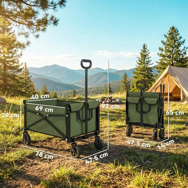 Bobobiy 81L Festival Trolley on Wheels, Compact Garden Folding Trolley Cart with Adjustable Handle 80L Green