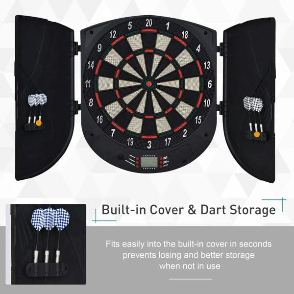 Black electronic dartboard with closed cabinet and darts stored in side cover