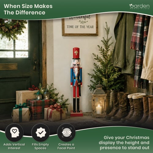 Large Christmas Nutcracker Figure, 70cm Tall Traditional Design in Blue Coat and Red Hat, Indoor Festive Decoration Focal Point